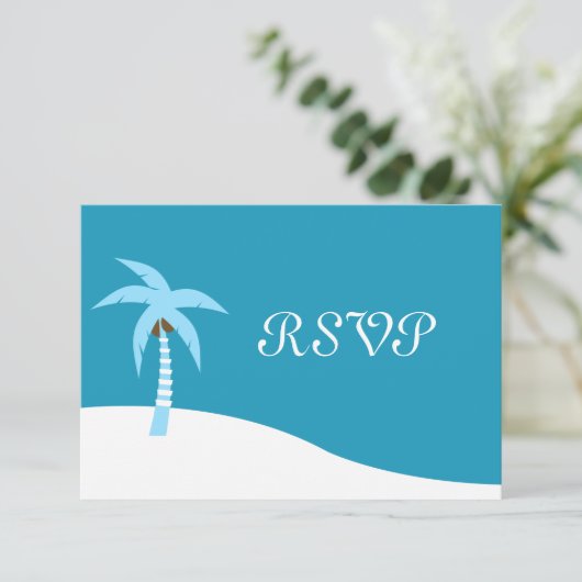 Blue Caribbean Palm Tree RSVP Card (Stehend Vorderseite)
