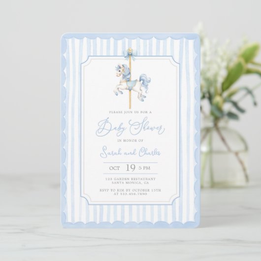 Blue Carousel Baby Boy Dusche Einladung (Stehend Vorderseite)