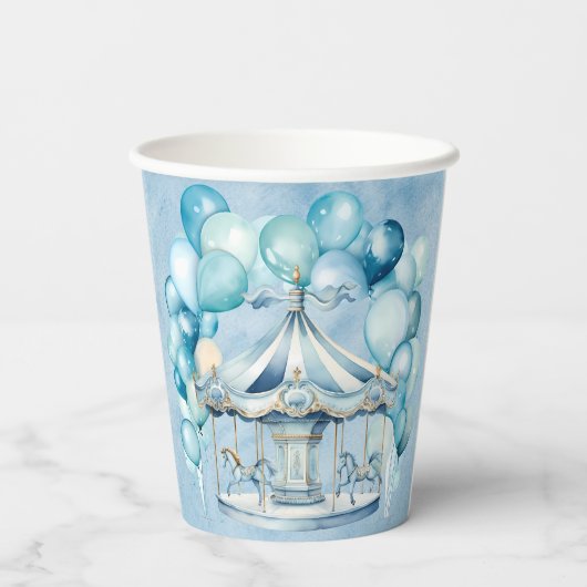 Blue Carousel mit Arch Balloons Boy Baby Dusche Pappbecher (Rückseite)