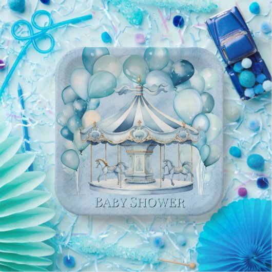 Blue Carousel mit Arch Balloons Boy Baby Dusche Pappteller (Party)