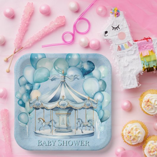 Blue Carousel mit Arch Balloons Boy Baby Dusche Pappteller (Party)