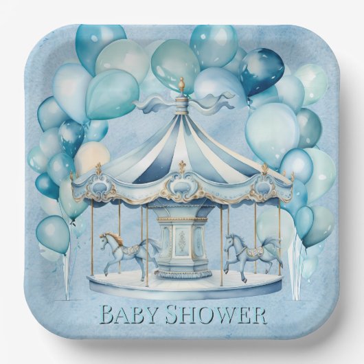 Blue Carousel mit Arch Balloons Boy Baby Dusche Pappteller (Vorderseite)