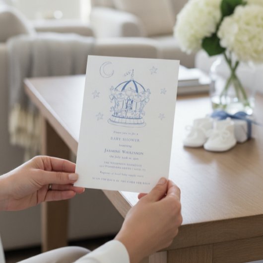 Blue Carousel Moon Stars Baby Shower Invitation Einladung