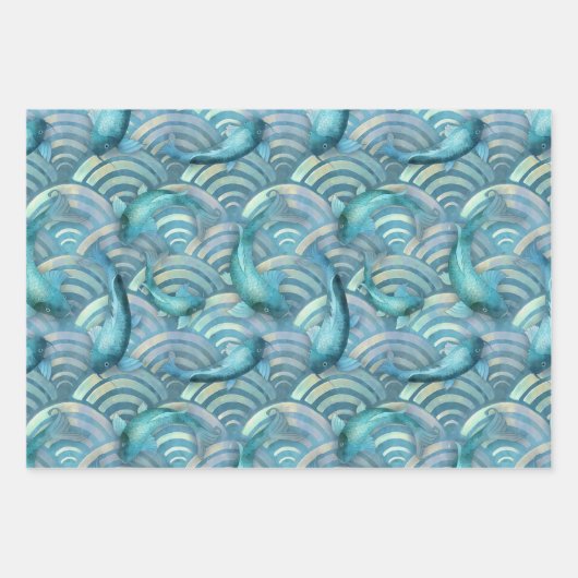 Blue Carp Koi Fischmuster Geschenkpapier Set (Vorderseite 3)