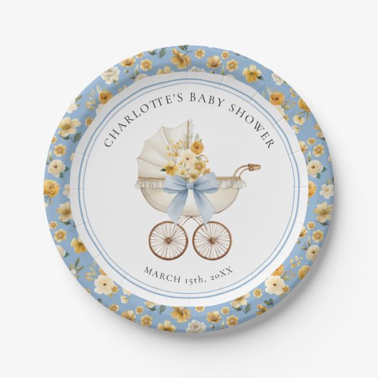 Blue Carriage Floral Baby Shower Plate Pappteller (Vorderseite)