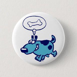 Blue Cartoon Dog denken an Knochenstöcke-Abzeichen Button