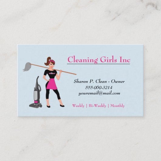 Blue Cartoon Girl mit Mopp House Reinigungsservice Visitenkarte (Vorderseite)