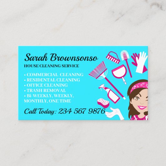 Blue Cartoon Lady Janitorial Reinigung Instandhalt Visitenkarte (Vorderseite)