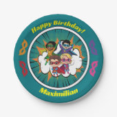 Blue Cartoon Superhero Comic Book Birthday Party Pappteller (Vorderseite)