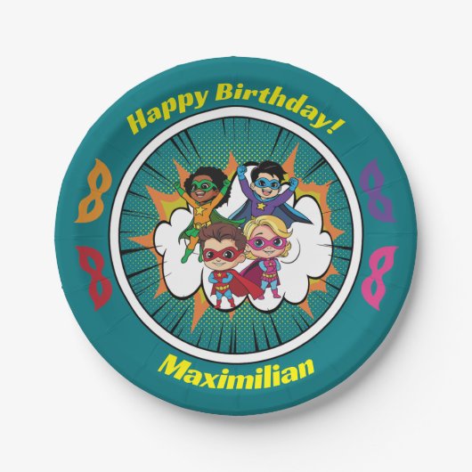 Blue Cartoon Superhero Comic Book Birthday Party Pappteller (Vorderseite)