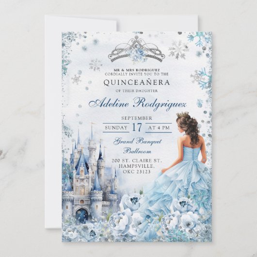 Blue Castle Palace Quinceanera Mexikanischer Gebur Einladung (Vorderseite)