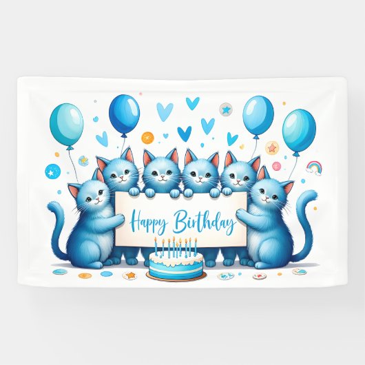 Blue Cat Birthday Celebration Illustration Banner (Horizontal)