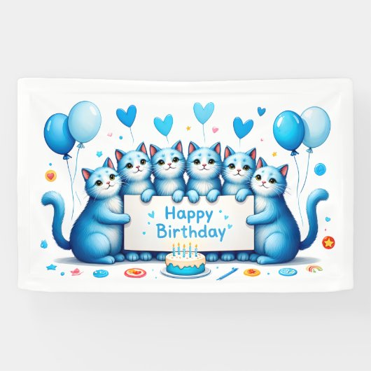 Blue Cat Birthday Celebration Illustration Banner (Horizontal)
