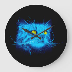 Blue Cat Face Große Wanduhr