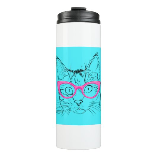 Blue Cat Pink Glasses Thermosbecher (Vorderseite)