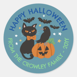 Blue Cat Pumpkin Raven Happy Halloween Runder Aufkleber