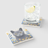 Blue Cat Yellow Flowers Marmor Steinuntersetzer (Seitenansicht)
