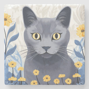 Blue Cat Yellow Flowers Marmor Steinuntersetzer