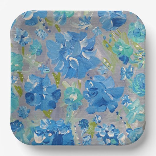 Blue Celebration Floral, 9" Square Paper Plate Pappteller (Vorderseite)