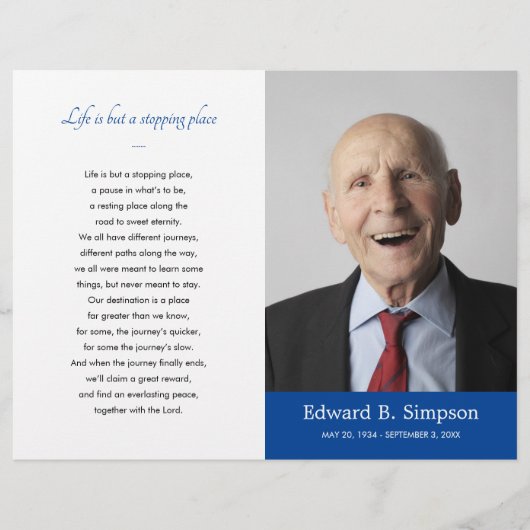 Blue Celebration of Life Foto Funeral Program Flyer (Vorne)