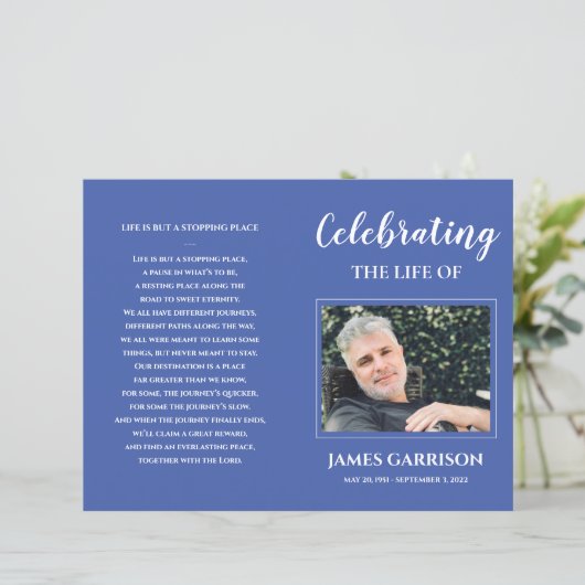 Blue Celebration of Life Funeral Program (Stehend Vorderseite)