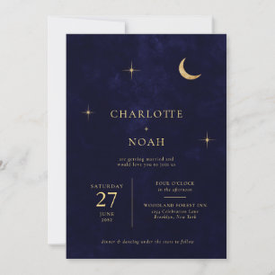 Blue Celestial Gold Moon Stars Foto QR Hochzeit Einladung