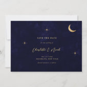 Blue Celestial Gold Moon Stars Wedding Save The Date (Vorderseite)
