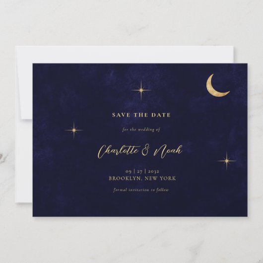 Blue Celestial Gold Moon Stars Wedding Save The Date (Vorderseite)