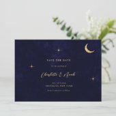 Blue Celestial Gold Moon Stars Wedding Save The Date (Stehend Vorderseite)
