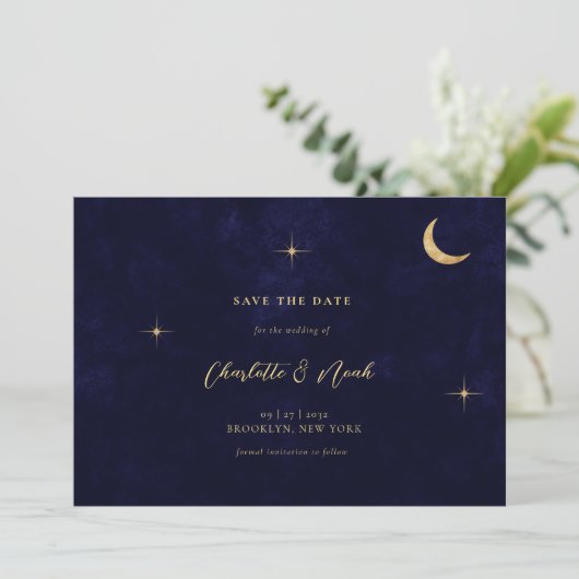 Blue Celestial Gold Moon Stars Wedding Save The Date (Stehend Vorderseite)