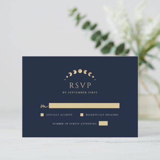 Blue Celestial Wedding RSVP Karte (Stehend Vorderseite)