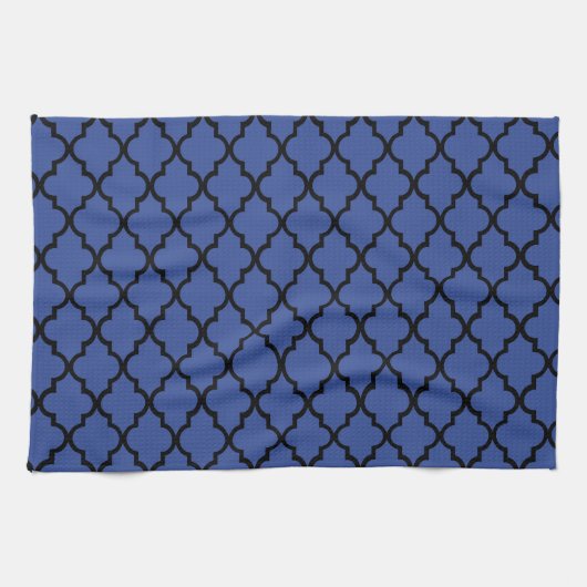 Blue Cerulean & Black Maroccan Trellis Quatrefoil Handtuch (Horizontal)