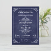 Blue Chalkboard Art Deco Hochzeiten Einladungen (Stehend Vorderseite)