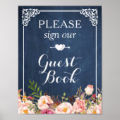 Blue Chalkboard Floral Sign Unser Gästebuch (Vorne)