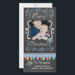 Blue Chalkboard Frohe Weihnachts-Weihnachtsfotokar Feiertagskarte<br><div class="desc">Fröhliche Weihnachtsfotokarten mit einem Chalkboard-Look Hintergrund,  viele blaue Wirbel und Text,  der Frohe Weihnachten,  eine Reihe von bunten Baumlichter in verschiedenen Farben,  blau hängende Ornamente,  und Bereiche können Sie diese schönen und hellen Urlaubskarten mit Ihrem Foto und Namen anpassen!</div>