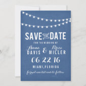 Blue Chalkboard Summer String Light Save the Date (Vorderseite)