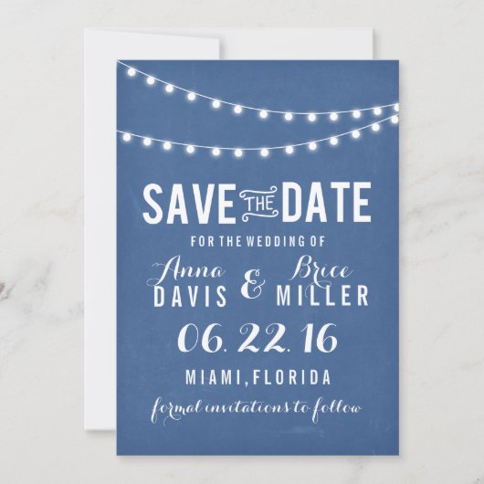 Blue Chalkboard Summer String Light Save the Date (Vorderseite)
