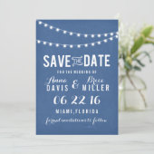 Blue Chalkboard Summer String Light Save the Date (Stehend Vorderseite)