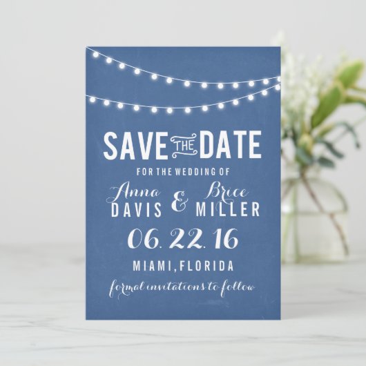 Blue Chalkboard Summer String Light Save the Date (Stehend Vorderseite)