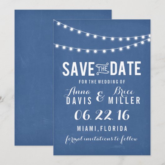 Blue Chalkboard Summer String Light Save the Date (Vorne/Hinten)
