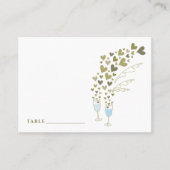 Blue Champagne Cheers Floating Gold Hearts Wedding Platzkarte (Vorderseite)