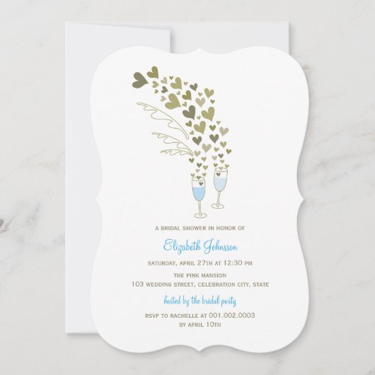 Blue Champagne Cheers & Gold Hearts Brautparty Einladung (Vorderseite)