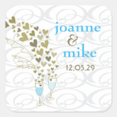 Blue Champagne Cheers & Gold Hearts Chic Wedding Quadratischer Aufkleber (Vorderseite)