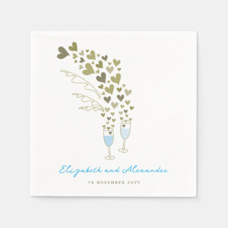 Blue Champagne Cheers Gold Hearts Wedding Party Serviette