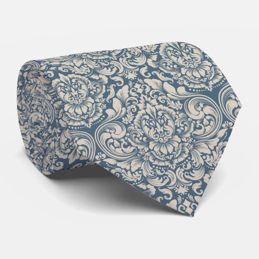 Blue & Champagne Damask Krawatte (Gerollt)