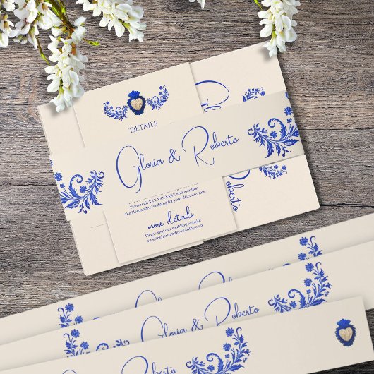 Blue & Champagne Milagro Herz mexikanisch Hochzeit Einladungsbanderole