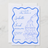 Blue Champagne Tower Wavy Hand Drawn Wedding Einladung (Vorderseite)