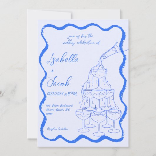 Blue Champagne Tower Wavy Hand Drawn Wedding Einladung (Vorderseite)