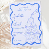 Blue Champagne Tower Wavy Hand Drawn Wedding Einladung
