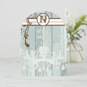 Blue Chandelier Barn Wood Wedding Einladungen